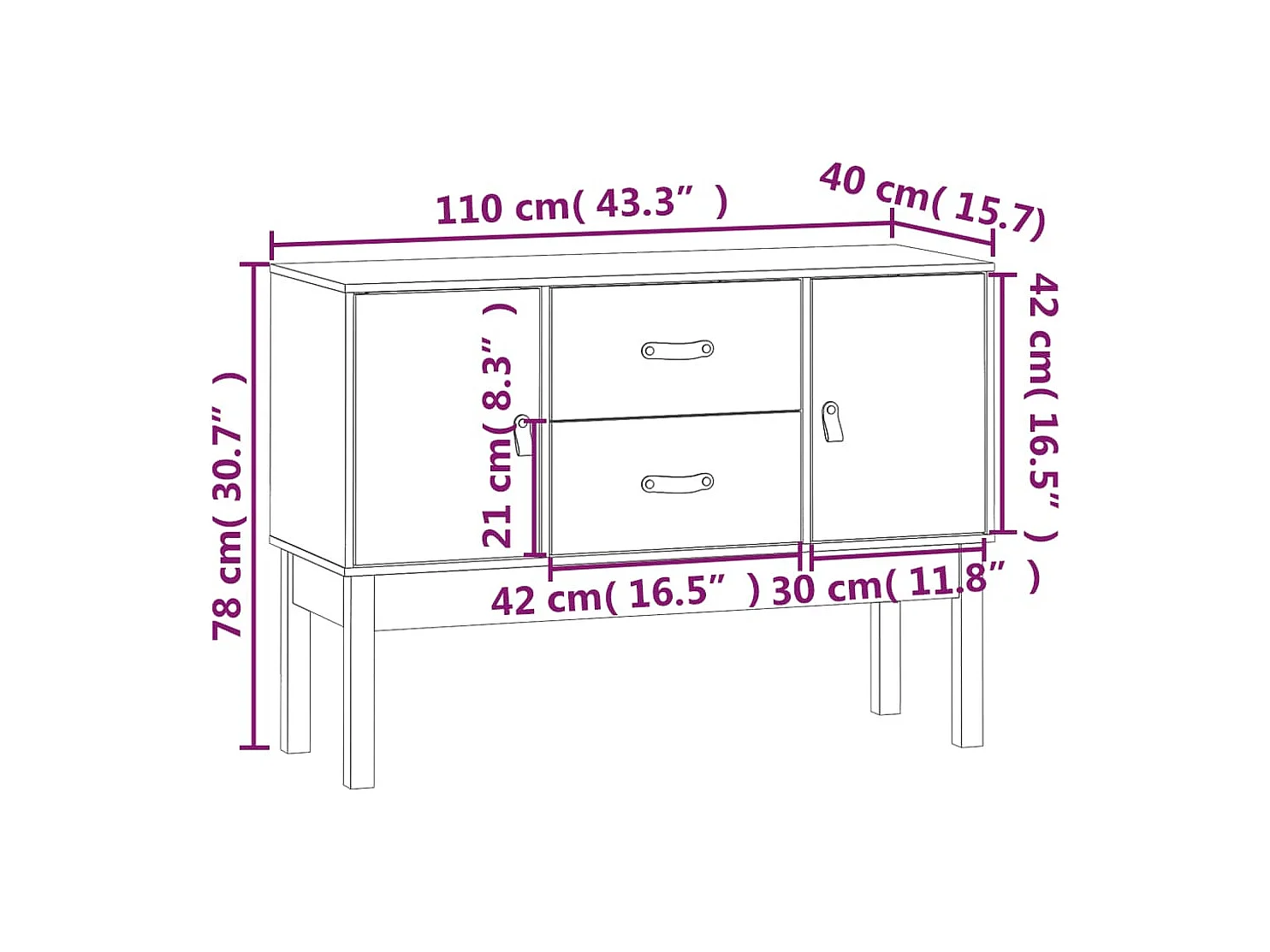 Aparador madera maciza de pino blanco 110x40x78 cm