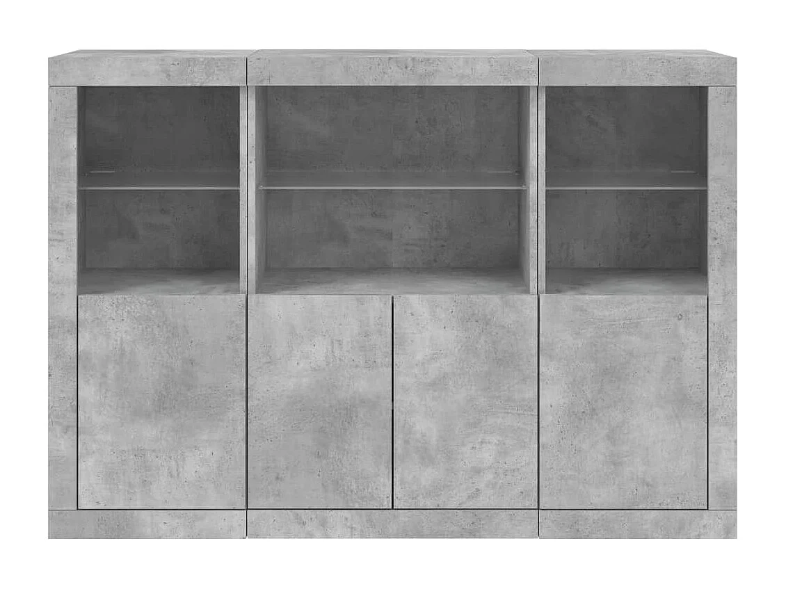 Credenze con Luci LED 3 pz Grigio Cemento in Legno Multistrato