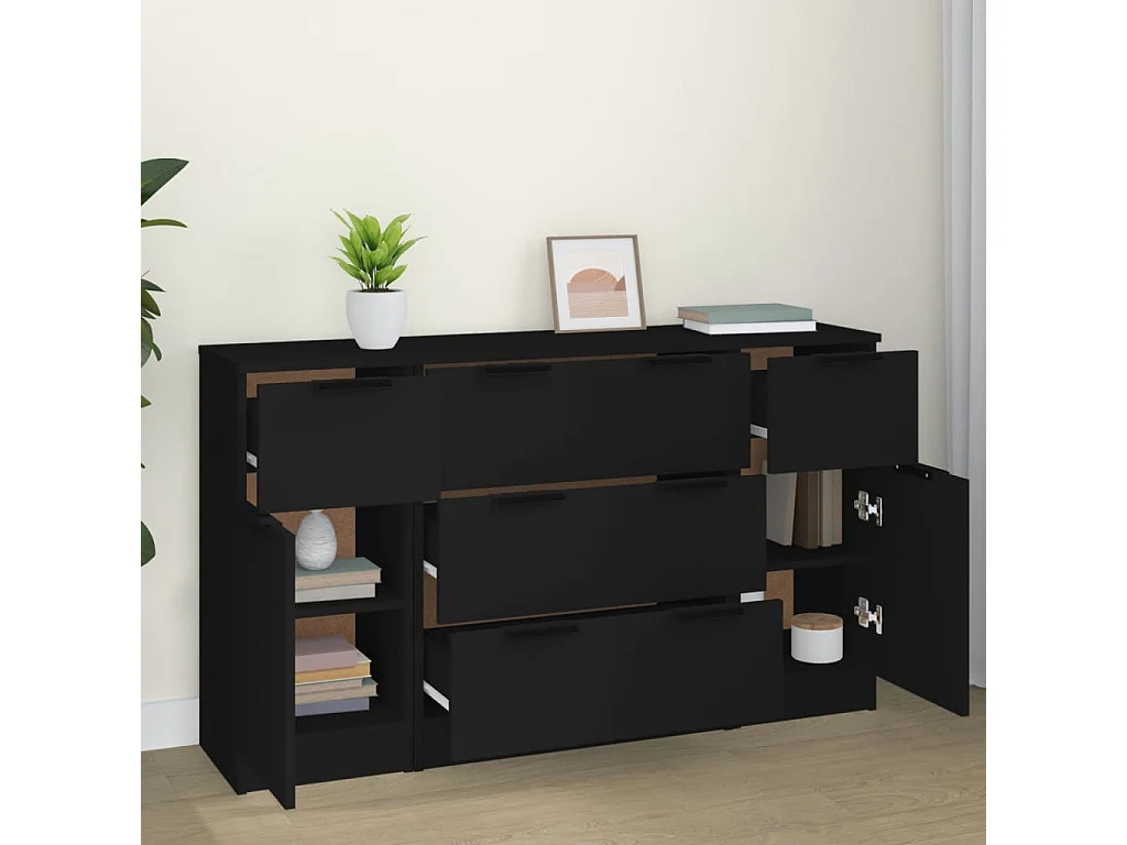 Ensemble de buffets 3 pcs Noir Bois d'ingénierie