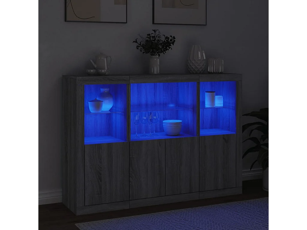 Credenze con Luci LED 3 pz Grigio Sonoma in Legno Multistrato
