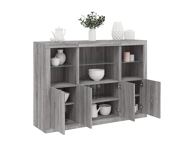 Credenze con Luci LED 3 pz Grigio Sonoma in Legno Multistrato