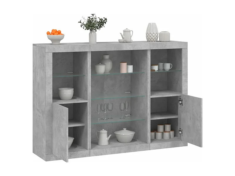 Credenze con Luci LED 3 pz Grigio Cemento in Legno Multistrato