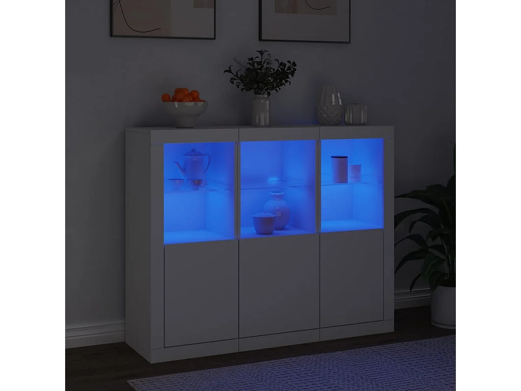 Credenze con Luci LED 3 pz Bianche in Legno Multistrato
