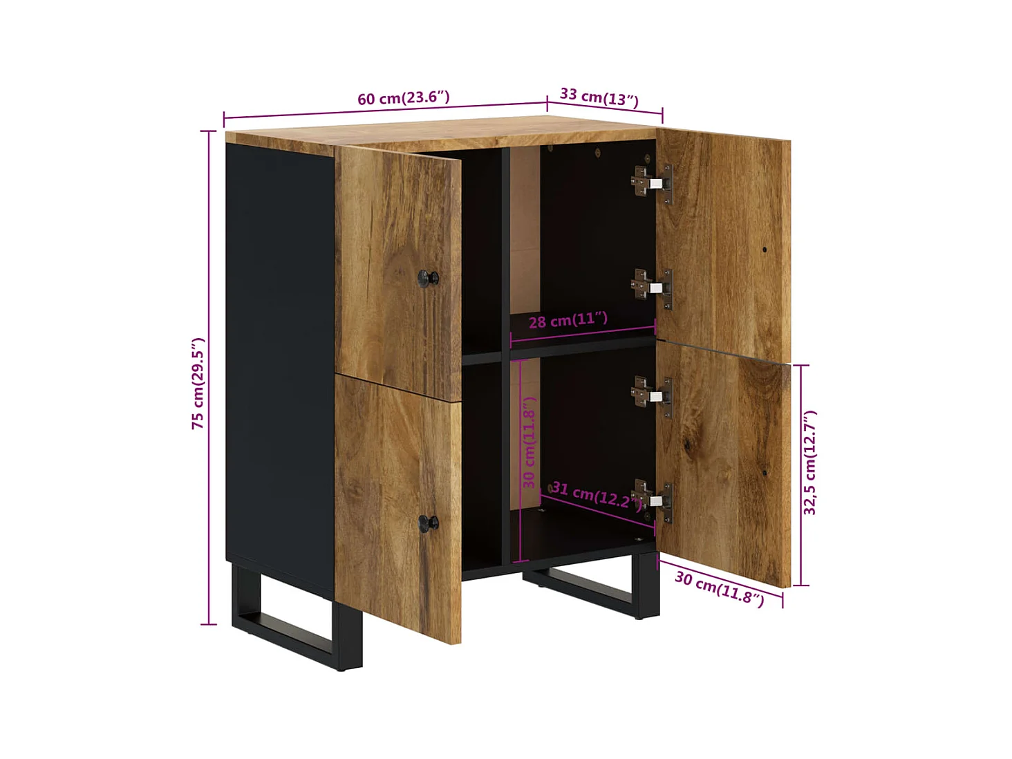 Buffet avec 4 portes 60x33x75 cm bois massif de manguier