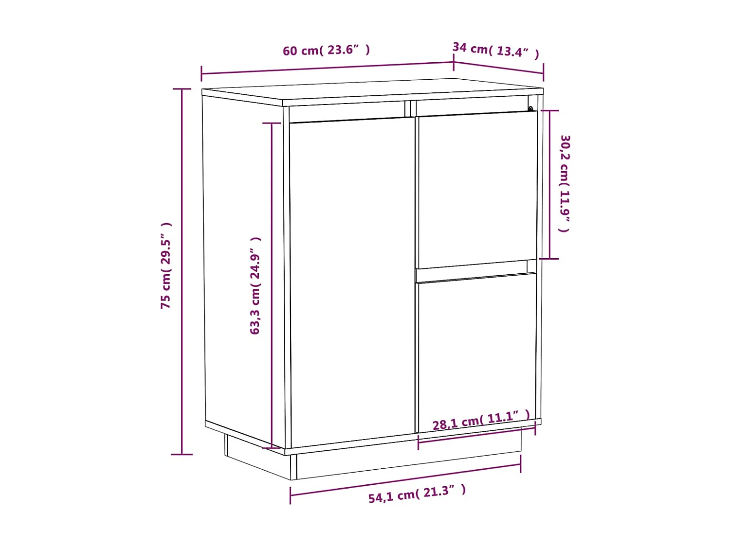 Credenza Bianca 60x34x75 cm in Legno Massello di Pino