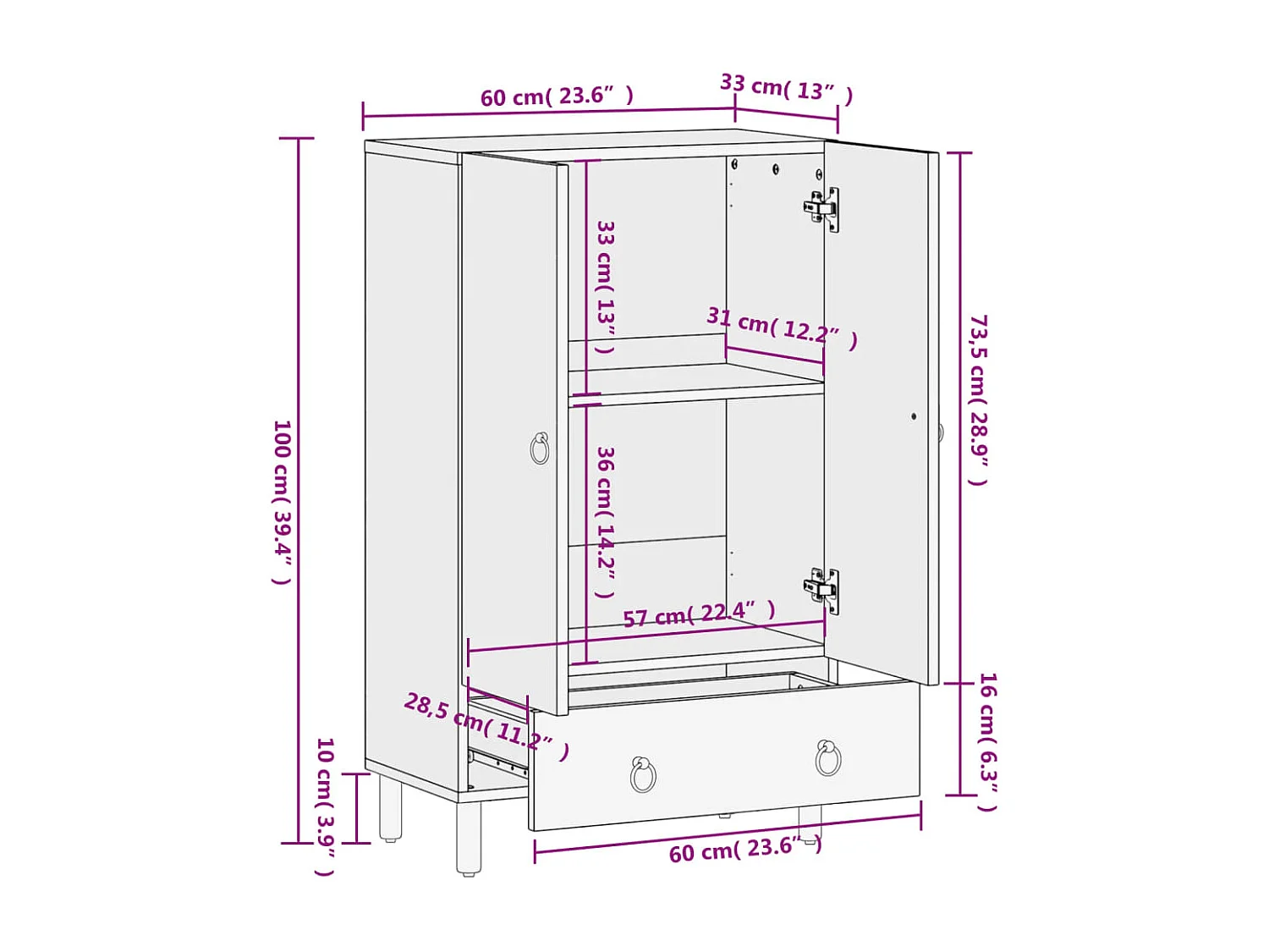 Credenza 60x33x110 cm in Legno Massello di Mango