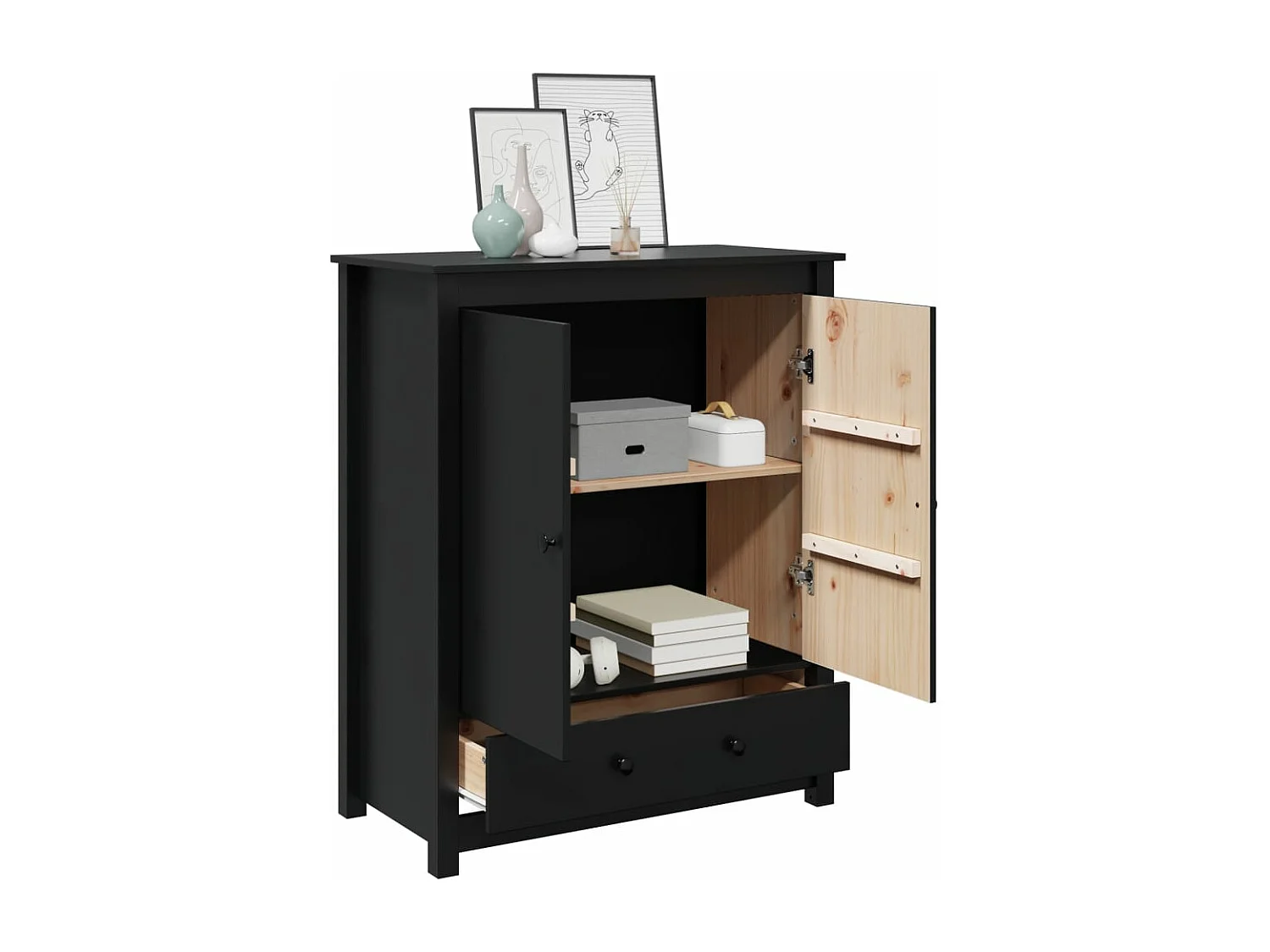 Credenza Nera 83x41,5x100 cm in Legno Massello di Pino