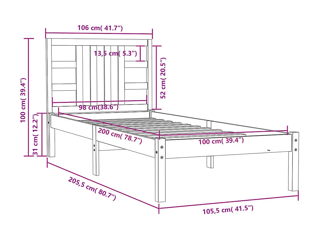 Cadre de lit sans matelas blanc 100x200 cm bois massif