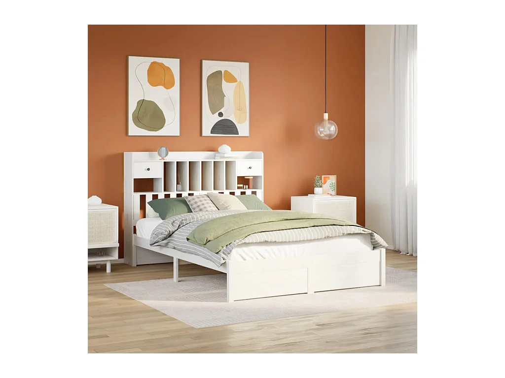 Lit bibliothèque sans matelas blanc 160x200 cm bois pin massif