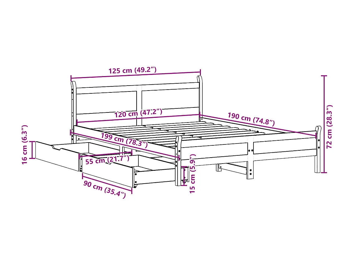 Letto senza Materasso 120x190 cm in Legno Massello di Pino