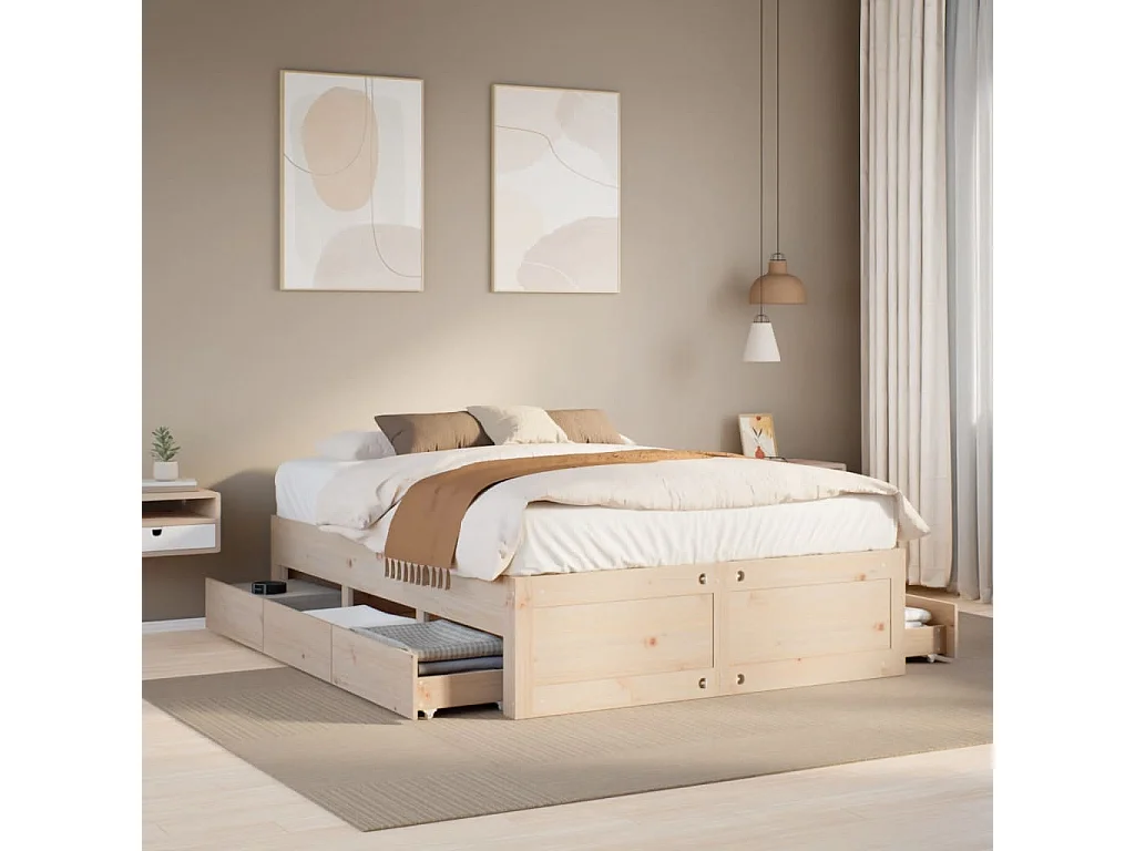 Cadre de lit sans matelas avec tiroirs 140x190 cm bois de pin