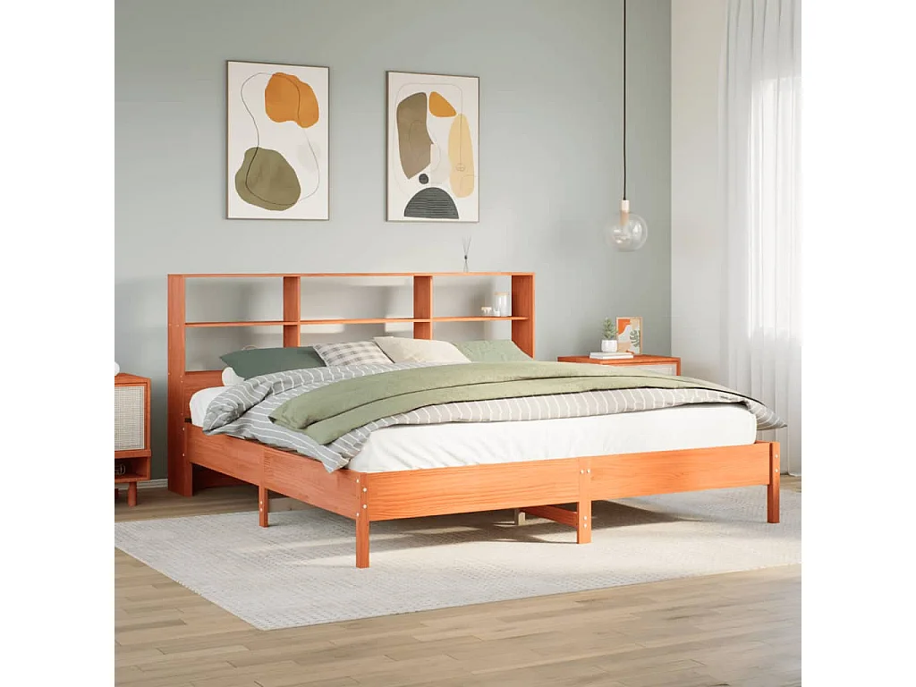 Bed met boekenkast zonder matras grenenhout wasbruin 180x200 cm