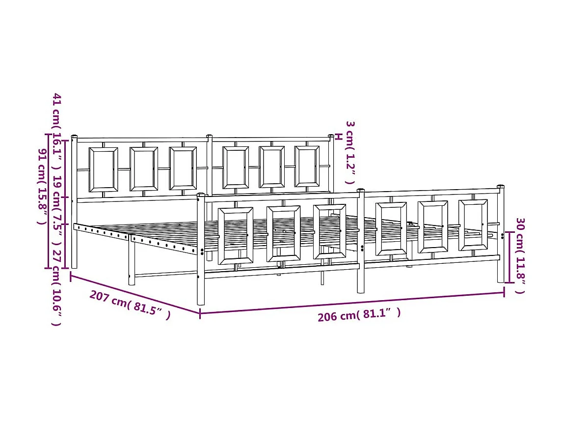 Cadre de lit métal sans matelas avec pied de lit noir 107x203cm