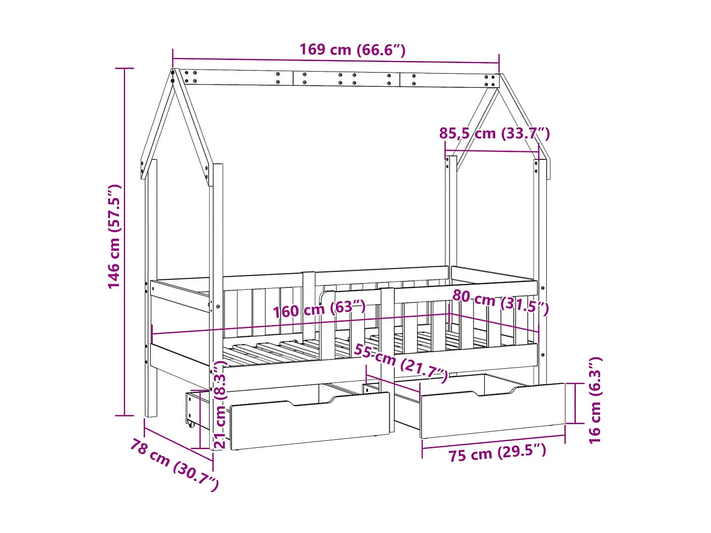 Estrutura de cama infantil c/ gavetas 80x160 cm pinho maciço