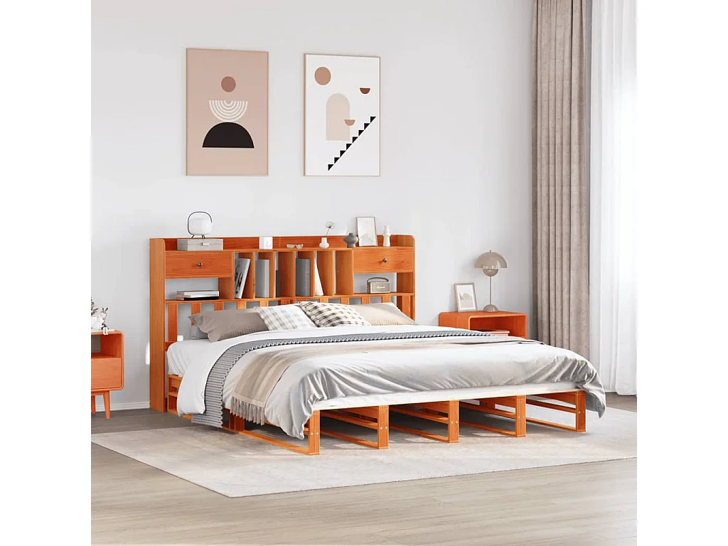 Lit bibliothèque sans matelas cire marron 200x200 cm pin massif