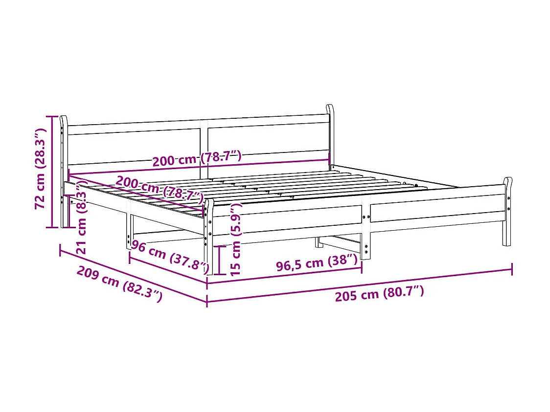 Cama sem colchão 200x200 cm madeira de pinho maciça branco