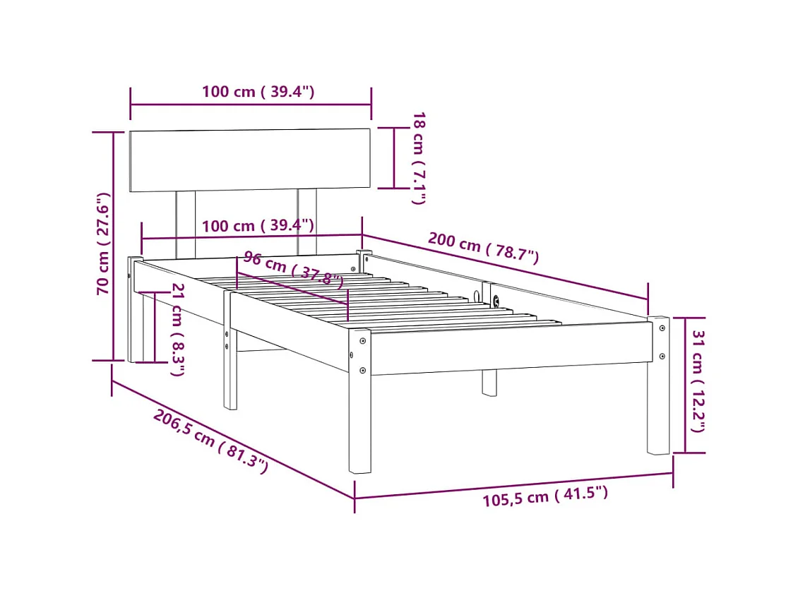 Bedframe massief grenenhout wit 100x200 cm