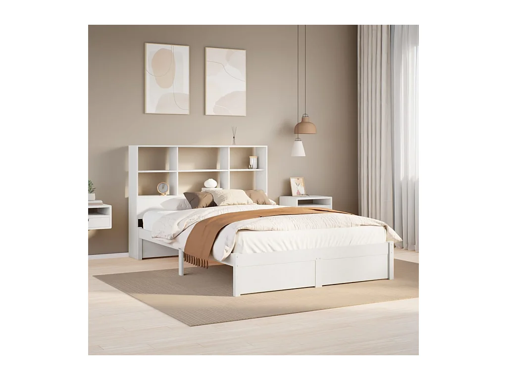 Lit bibliothèque sans matelas blanc 140x190 cm bois pin massif