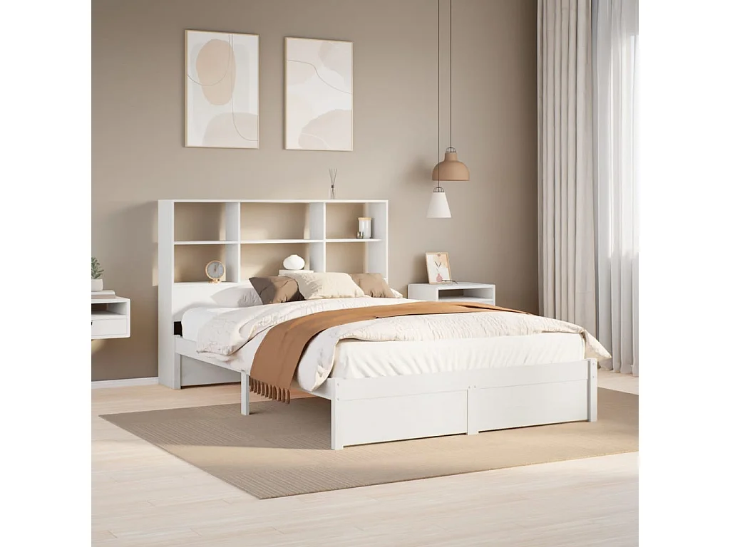 Lit bibliothèque sans matelas blanc 140x190 cm bois pin massif