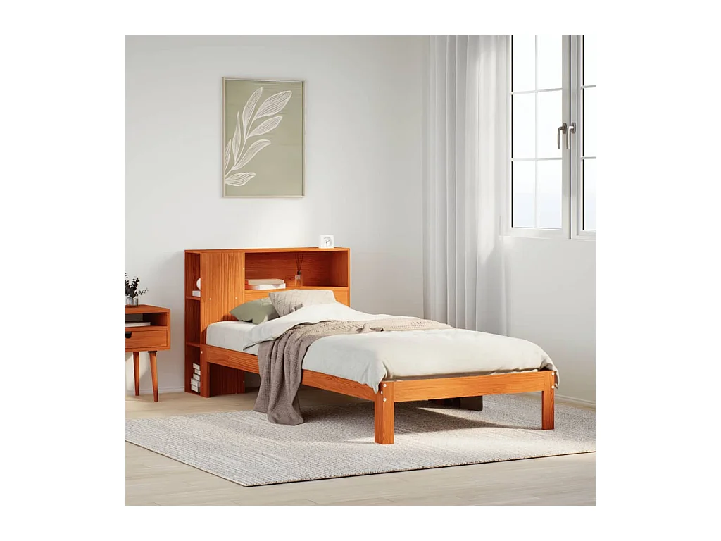 Bed met boekenkast zonder matras grenenhout wasbruin 75x190 cm