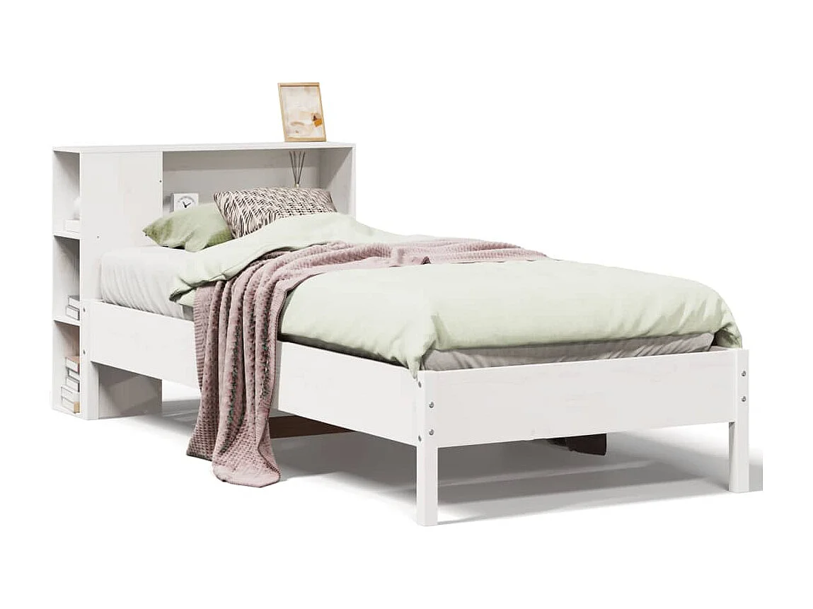 Lit bibliothèque sans matelas blanc 90x190cm bois de pin massif