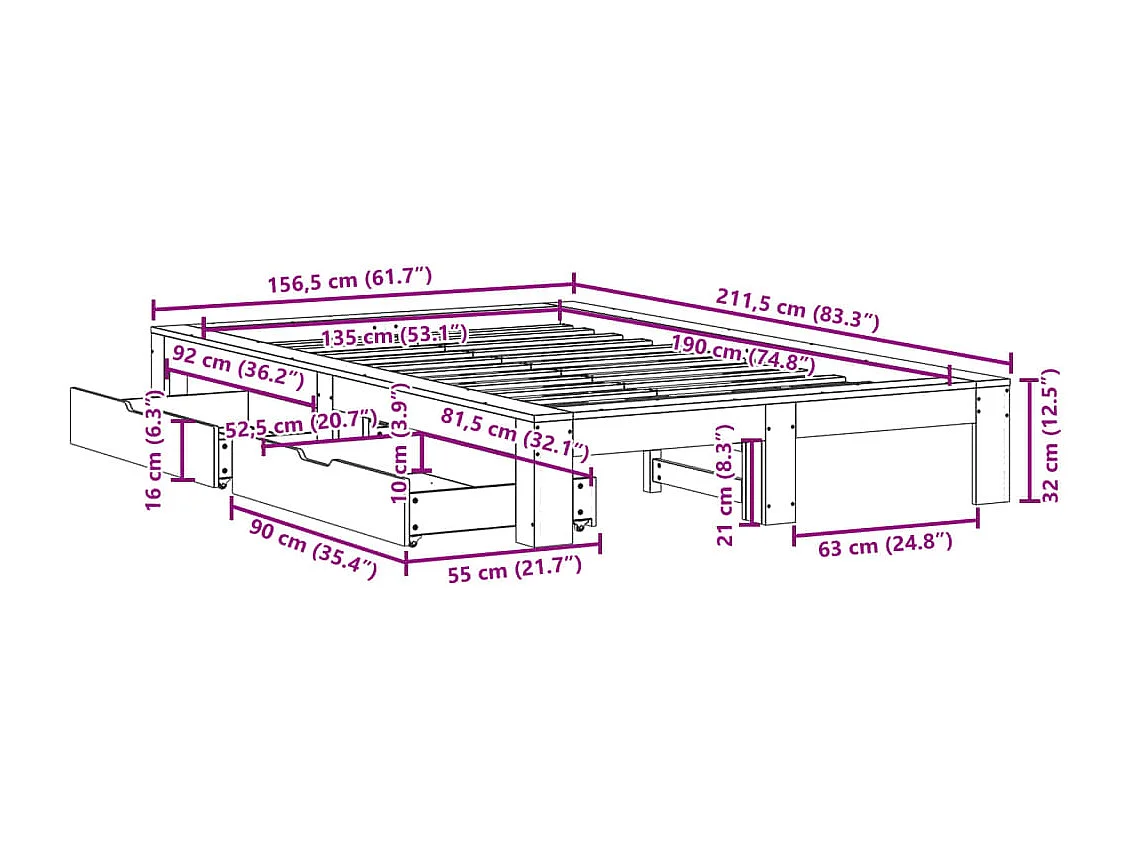 Cadre de lit sans matelas 135x190 cm bois de pin massif