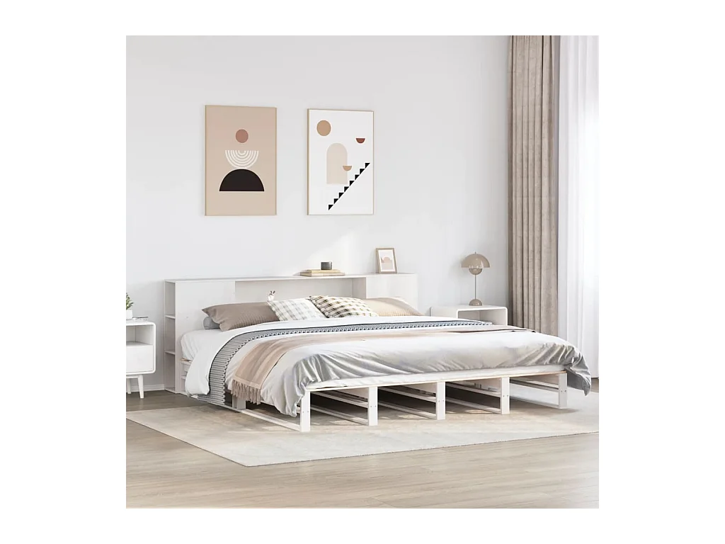 Lit bibliothèque sans matelas blanc 200x200 cm bois massif
