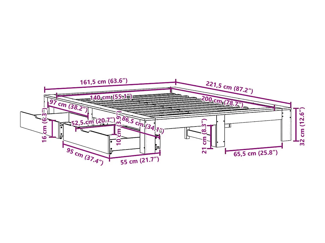 Cadre de lit sans matelas 140x200 cm bois massif de pin