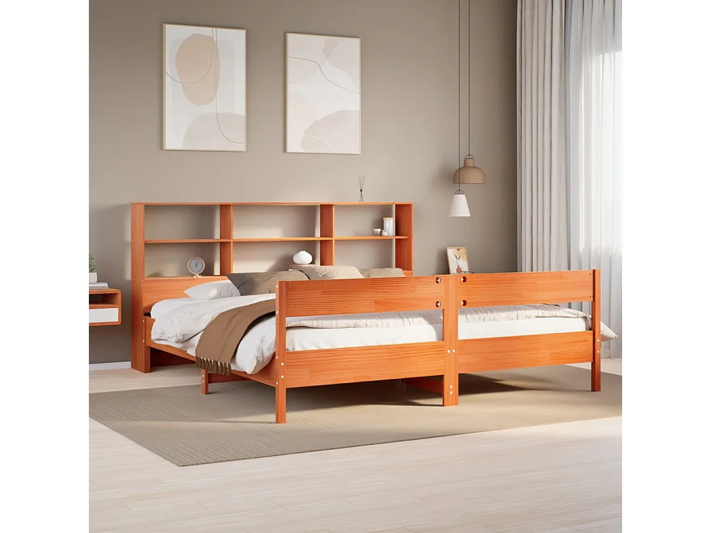 Lit bibliothèque sans matelas cire marron 180x200 cm pin massif