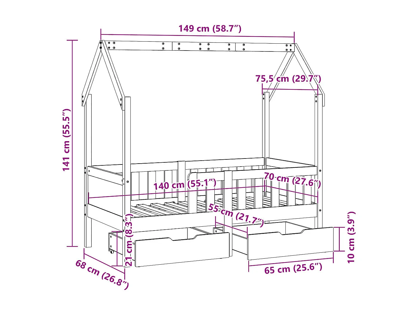 Estructura de cama para niños con cajones madera pino 70x140 cm