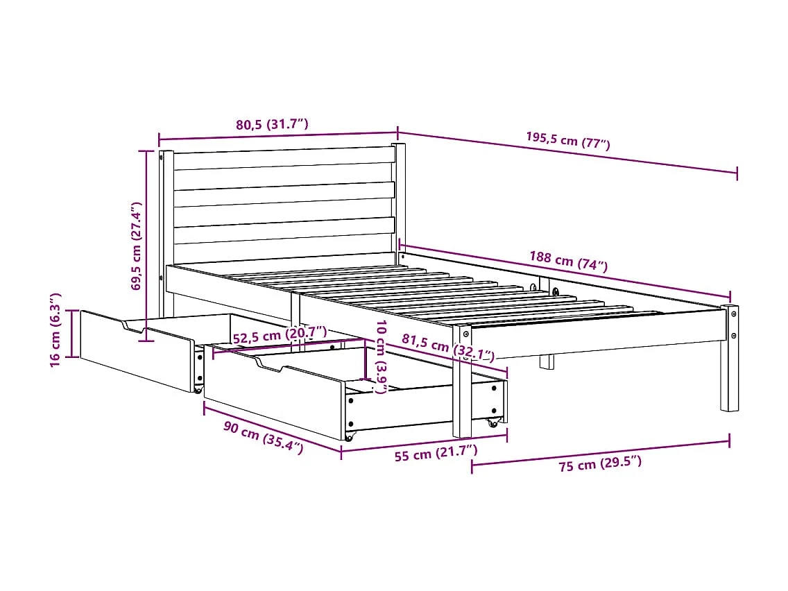 Cadre de lit sans matelas 75x190 cm bois de pin massif