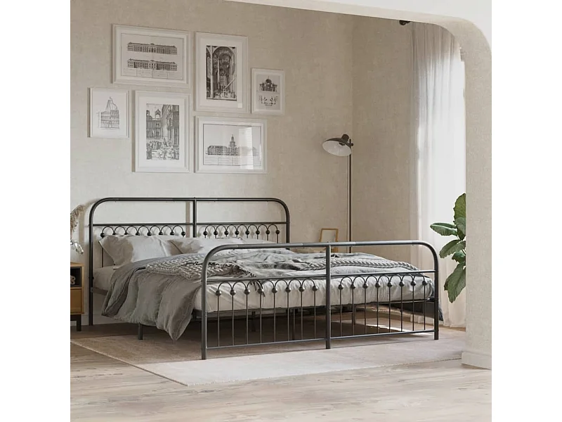 Cadre de lit métal sans matelas avec pied de lit noir 183x203cm