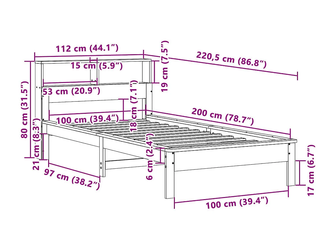 Lit bibliothèque sans matelas 100x200 cm bois massif de pin