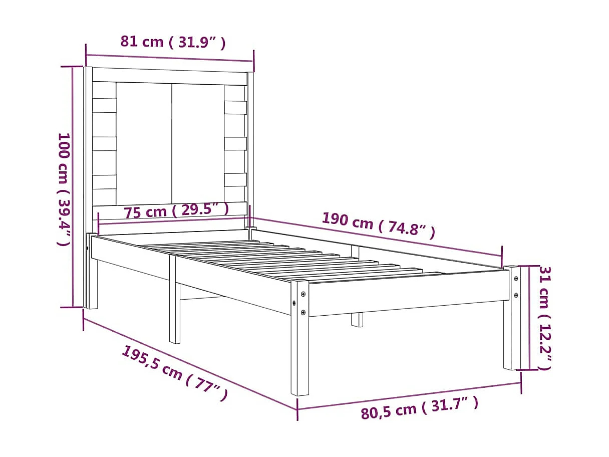 Cadre de lit sans matelas blanc 75x190 cm bois massif