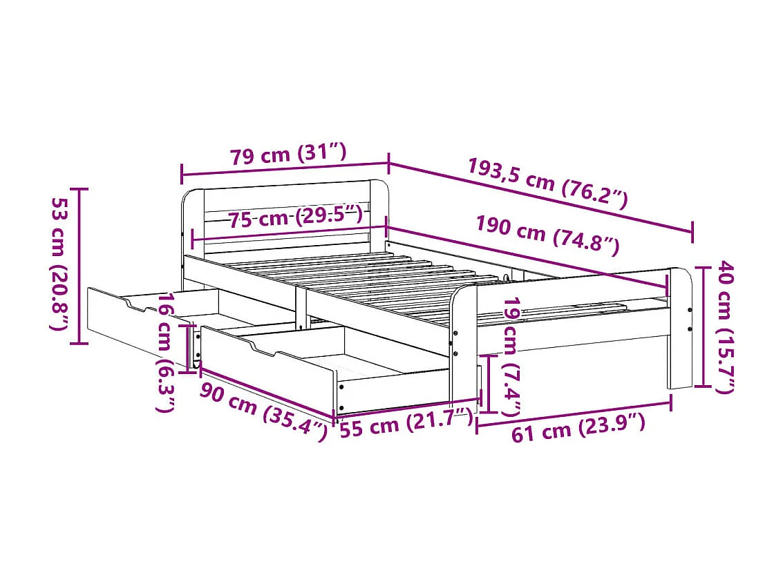 Letto senza Materasso Marrone Cera 75x190 cm in Legno di Pino