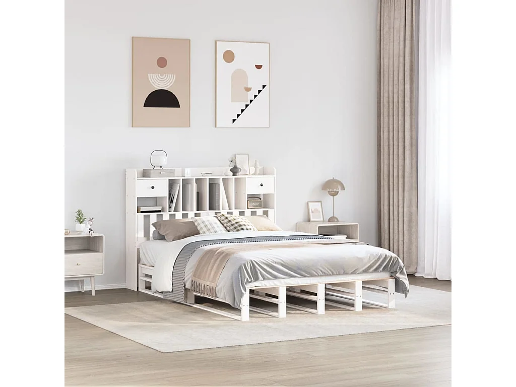 Lit bibliothèque sans matelas blanc 150x200 cm bois pin massif