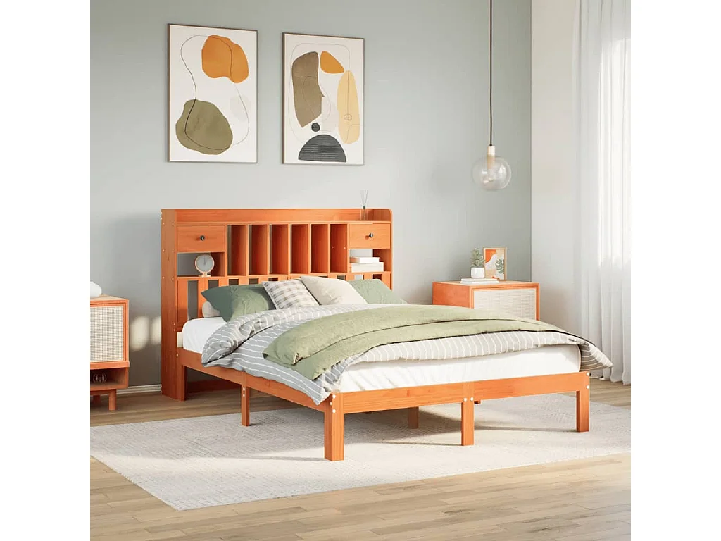 Lit bibliothèque sans matelas cire marron 140x190 cm pin massif