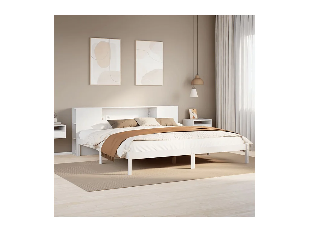 Cama con estantería sin colchón madera maciza blanca 180x200 cm
