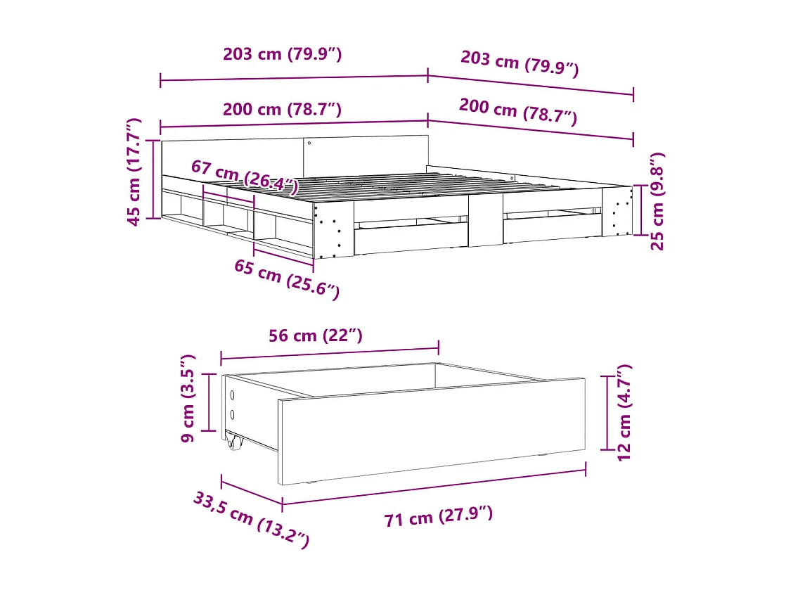 Giroletto con Cassetti Rovere Fumo 200x200 cm Legno Multistrato