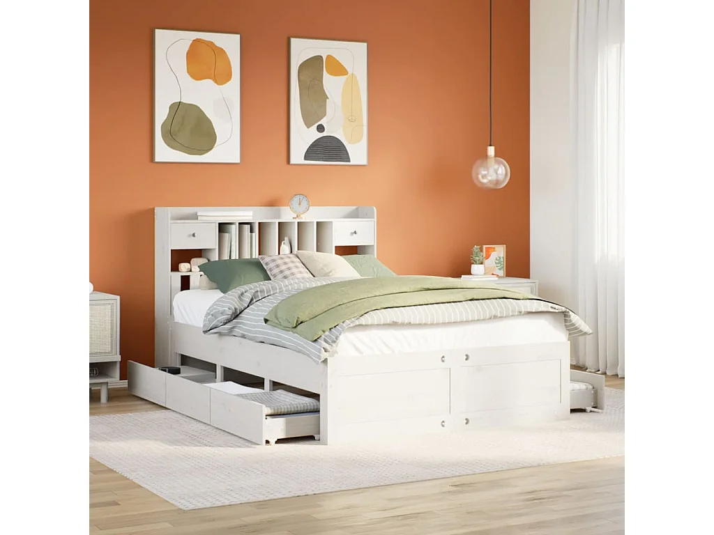Lit bibliothèque sans matelas blanc 140x200 cm bois pin massif