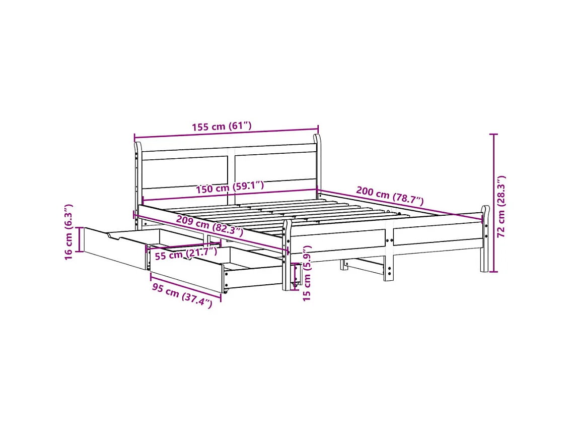 Cadre de lit sans matelas 150x200 cm bois de pin massif