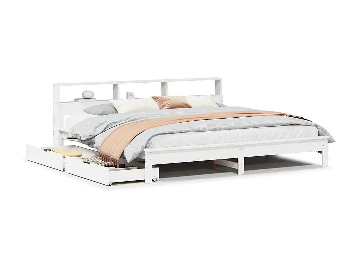 Lit bibliothèque sans matelas blanc 200x200 cm bois pin massif