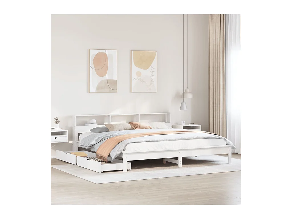 Lit bibliothèque sans matelas blanc 200x200 cm bois pin massif