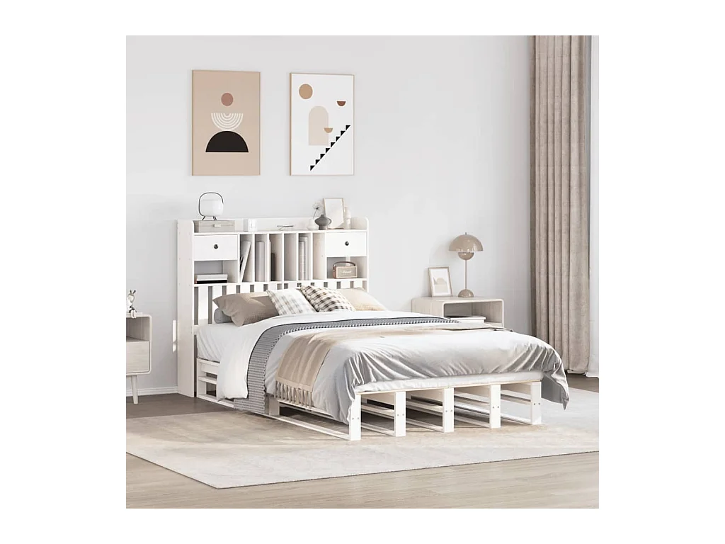 Lit bibliothèque sans matelas blanc 135x190 cm bois pin massif