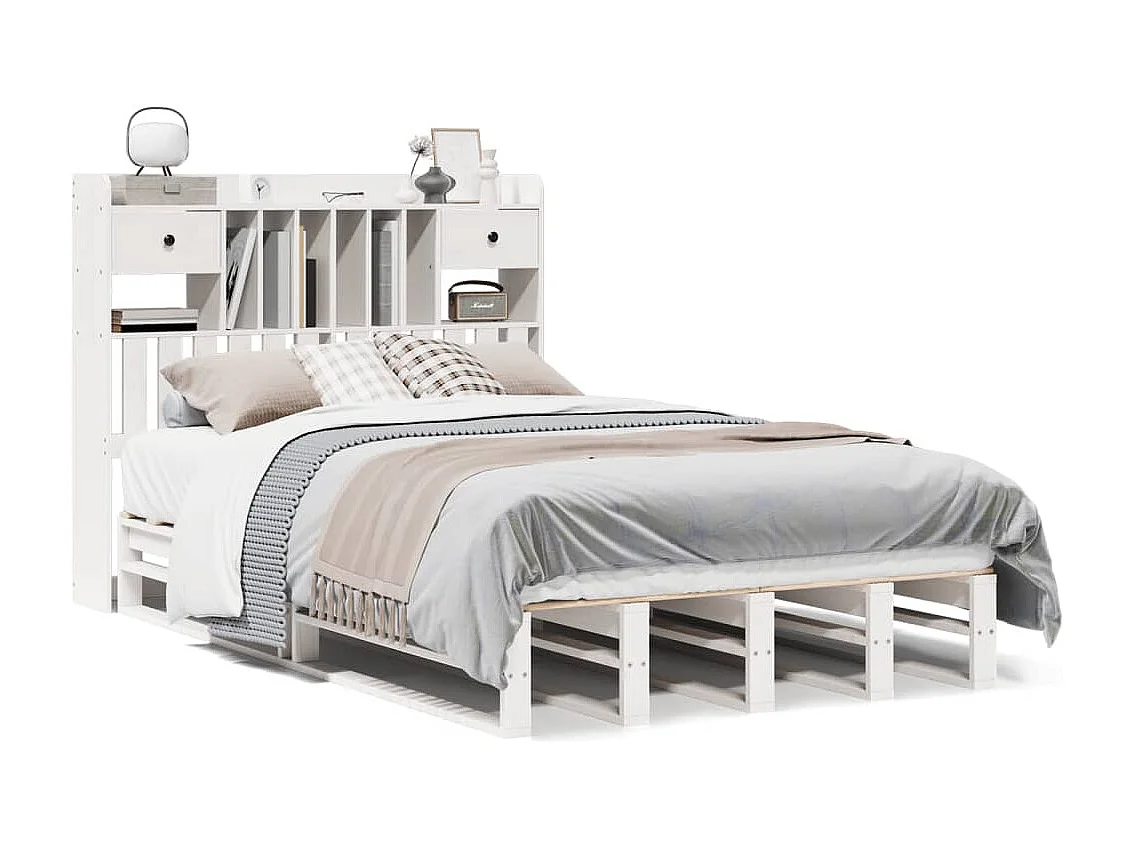 Lit bibliothèque sans matelas blanc 135x190 cm bois pin massif