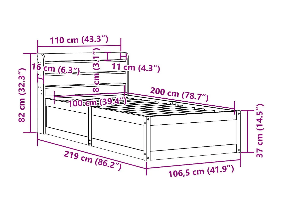 Cadre de lit et tête de lit cire marron 100x200 cm bois de pin