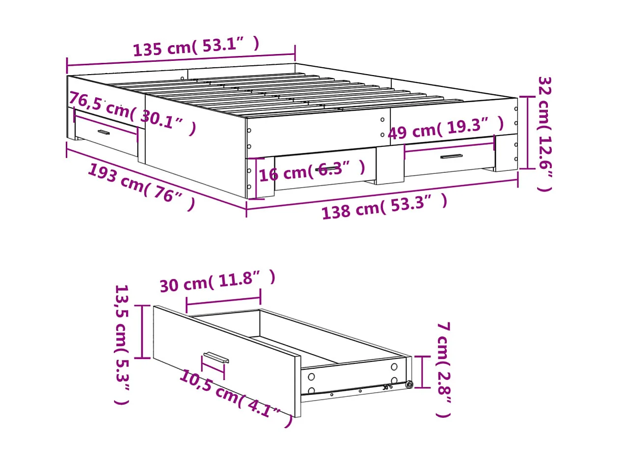 Cadre de lit avec tiroirs sans matelas gris béton 135x190 cm