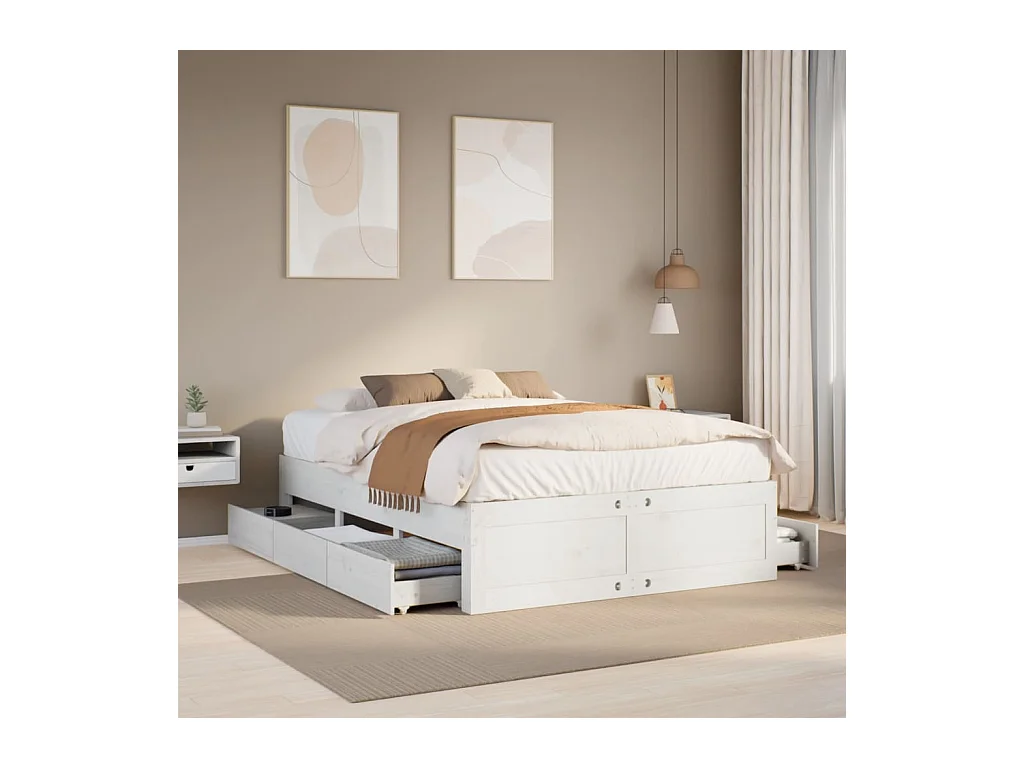 Cadre de lit sans matelas avec tiroirs blanc 150x200 cm pin