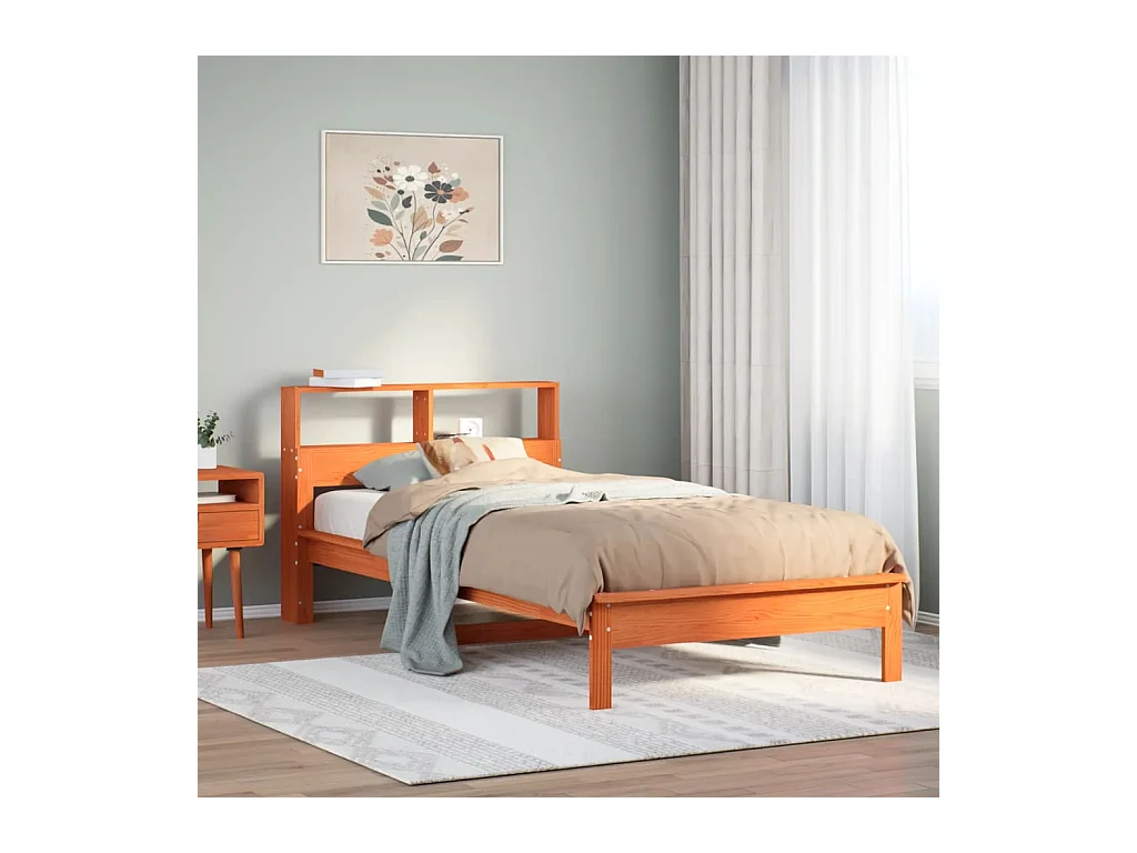Massivholzbett mit Regal ohne Matratze Wachsbraun 90x200 cm