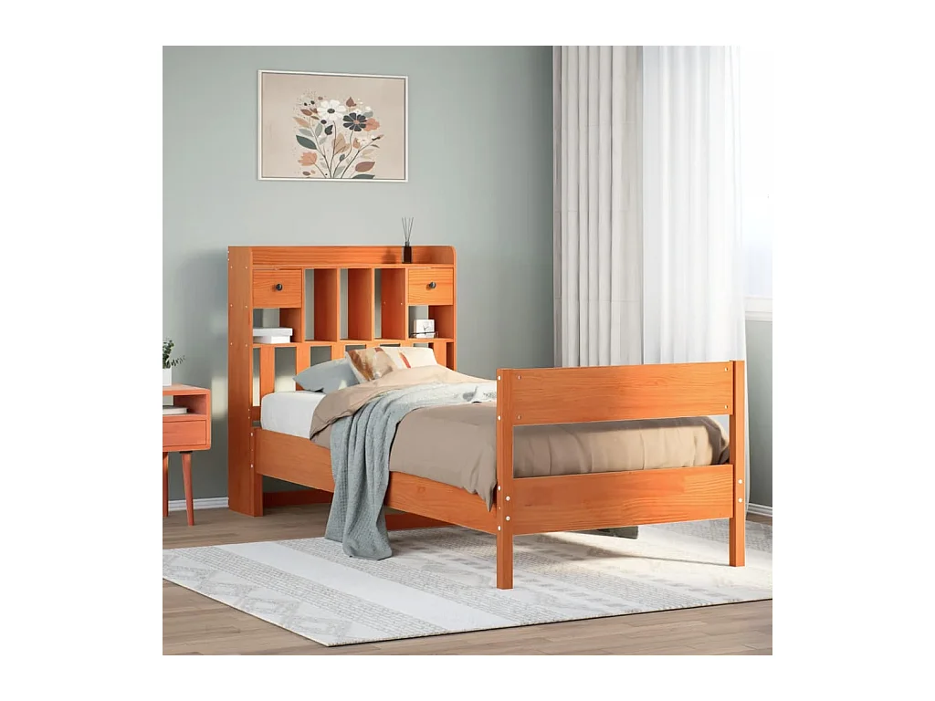 Cama c/ estante sem colchão 100x200cm pinho maciço castanho-mel